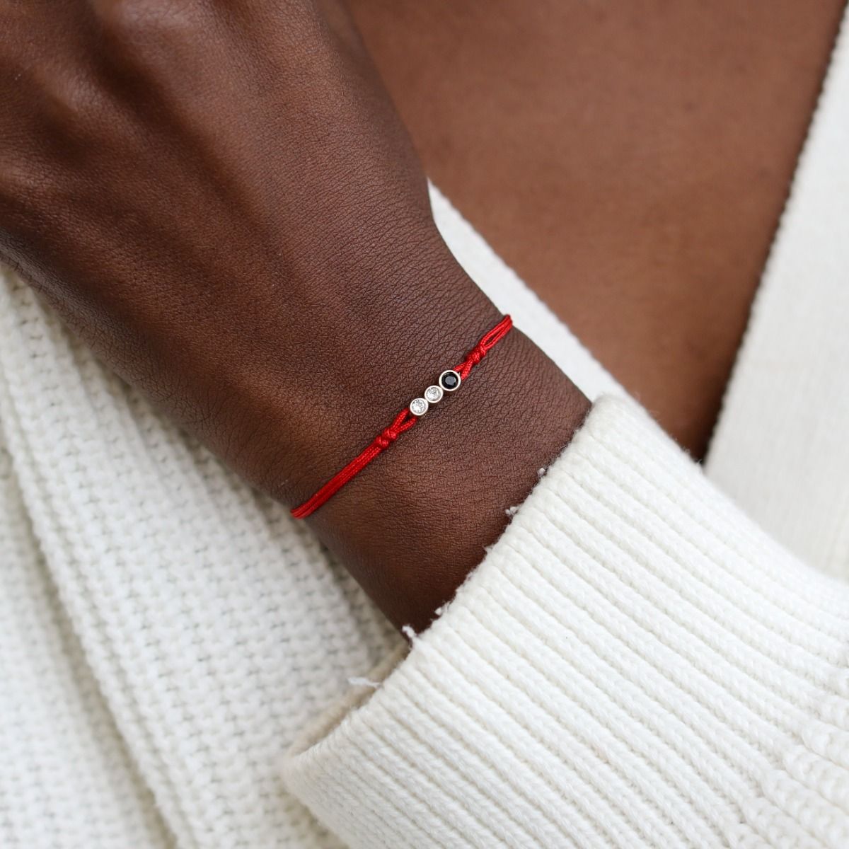 A Mother's Love Diamond Bracelet - Red String [Black & White Diamonds / 14 Karat Gold] - 1 Large Black Diamond + 2 Small White Diamonds