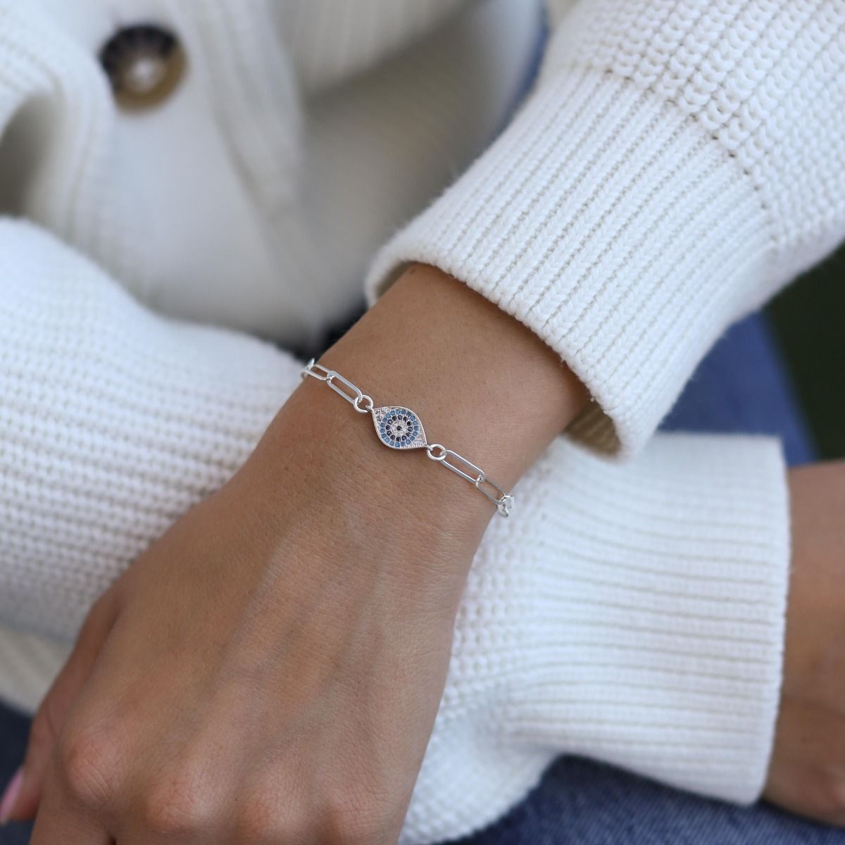 Paperclip Style Hera Evil Eye Bracelet [Sterling Silver]