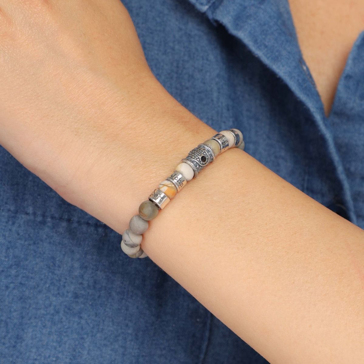 Picasso Jaspis Hamsa Armband mit Gravur für Damen [Sterlingsilber]