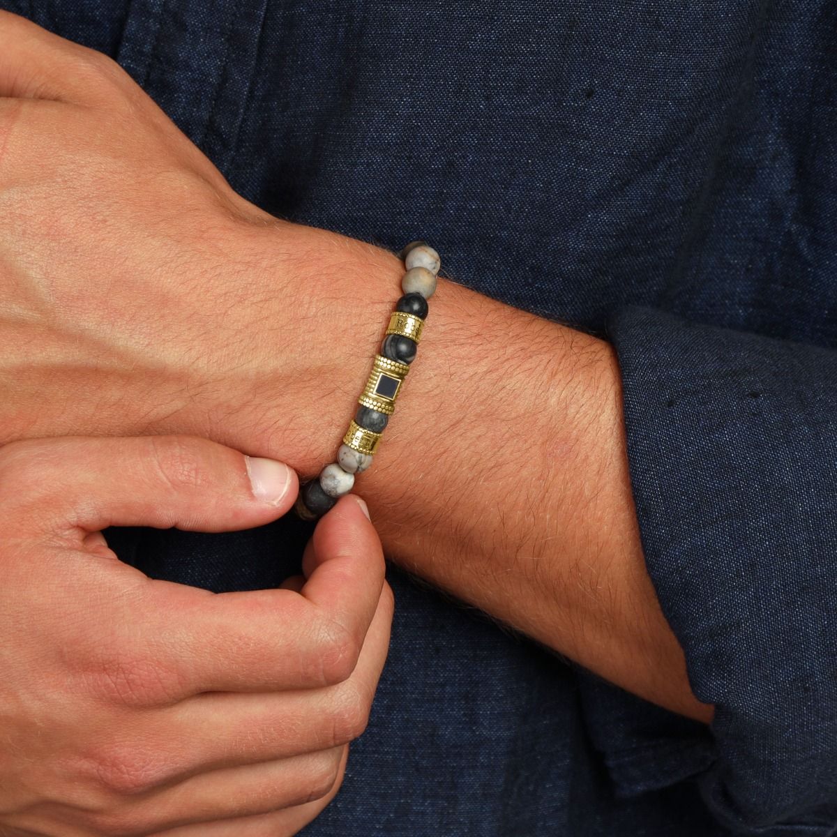 Bracelet Jaspe Picasso avec Prénoms pour Homme [Argent 925]