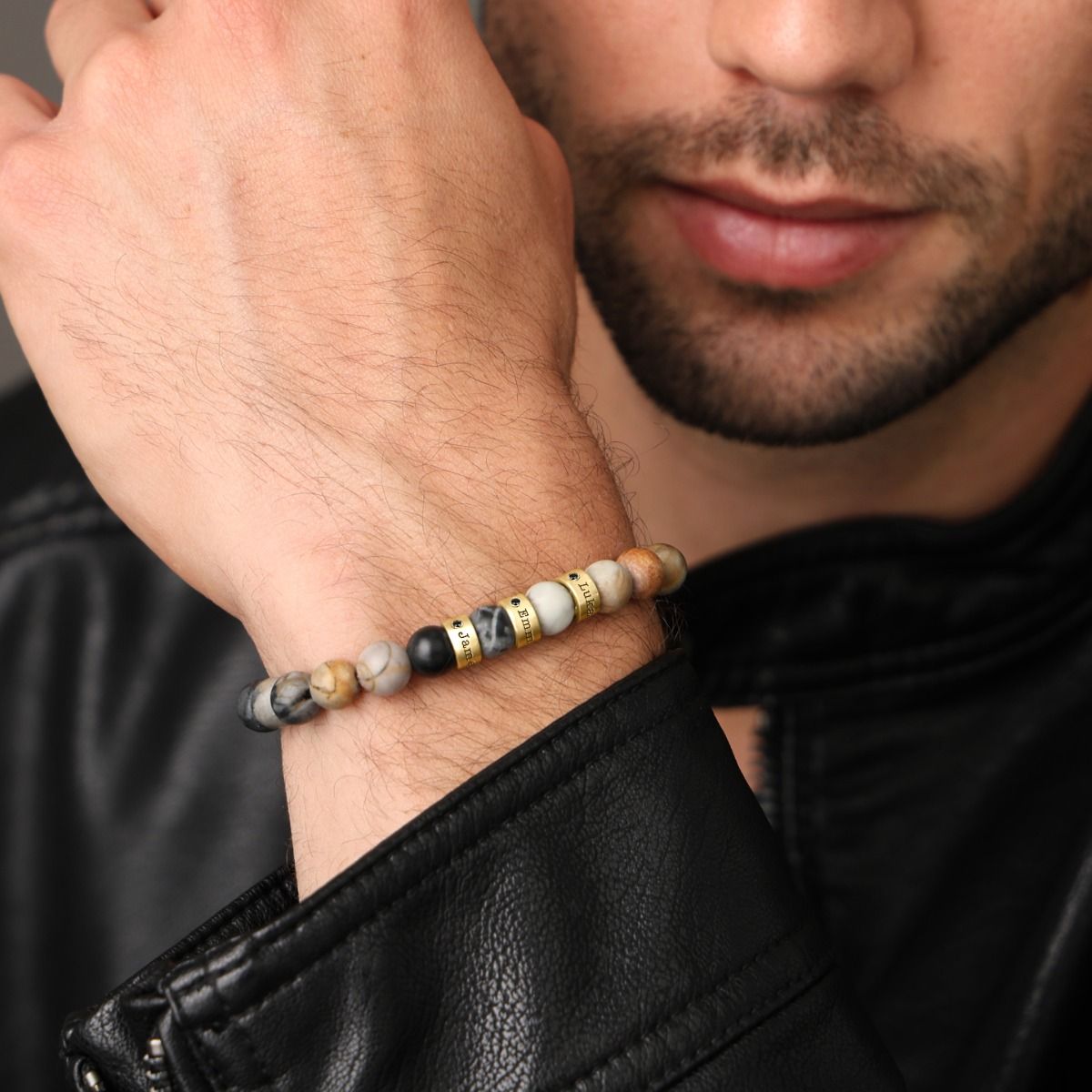Picasso Jasper Men Name Bracelet with Diamonds - 18K Gold Vermeil