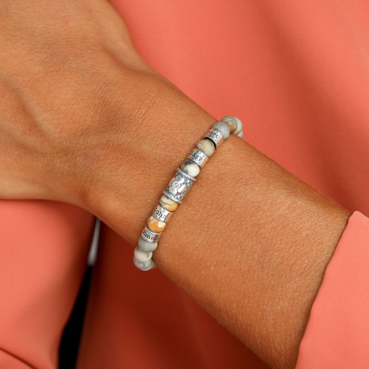 Bracelet Jaspe Picasso Prénom avec Tulipe pour Femme - Diamant [Argent 925] 