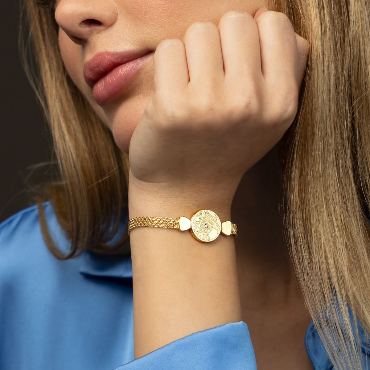 Precious Spot Engraved Map Bracelet with Milanese Chain [18K Gold Vermeil]