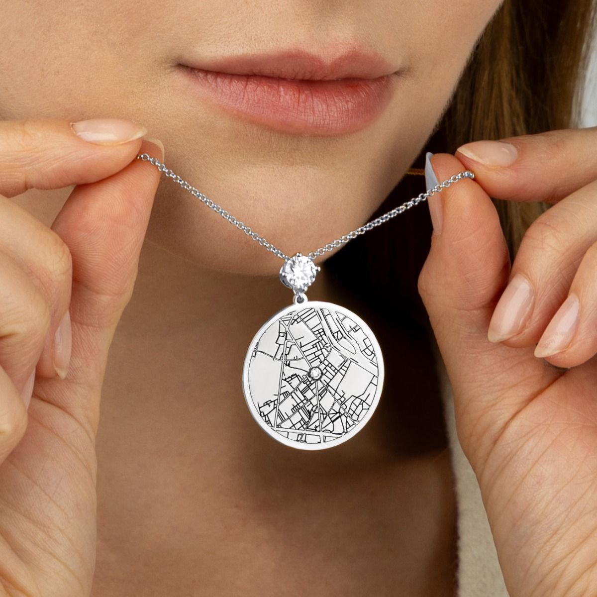 Precious Spot Engraved Map Necklace With 1 Ct Diamond [Sterling Silver]