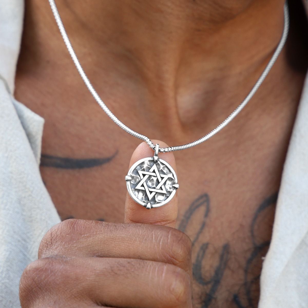 Star Of David Engraved Necklace For Men - Sterling Silver