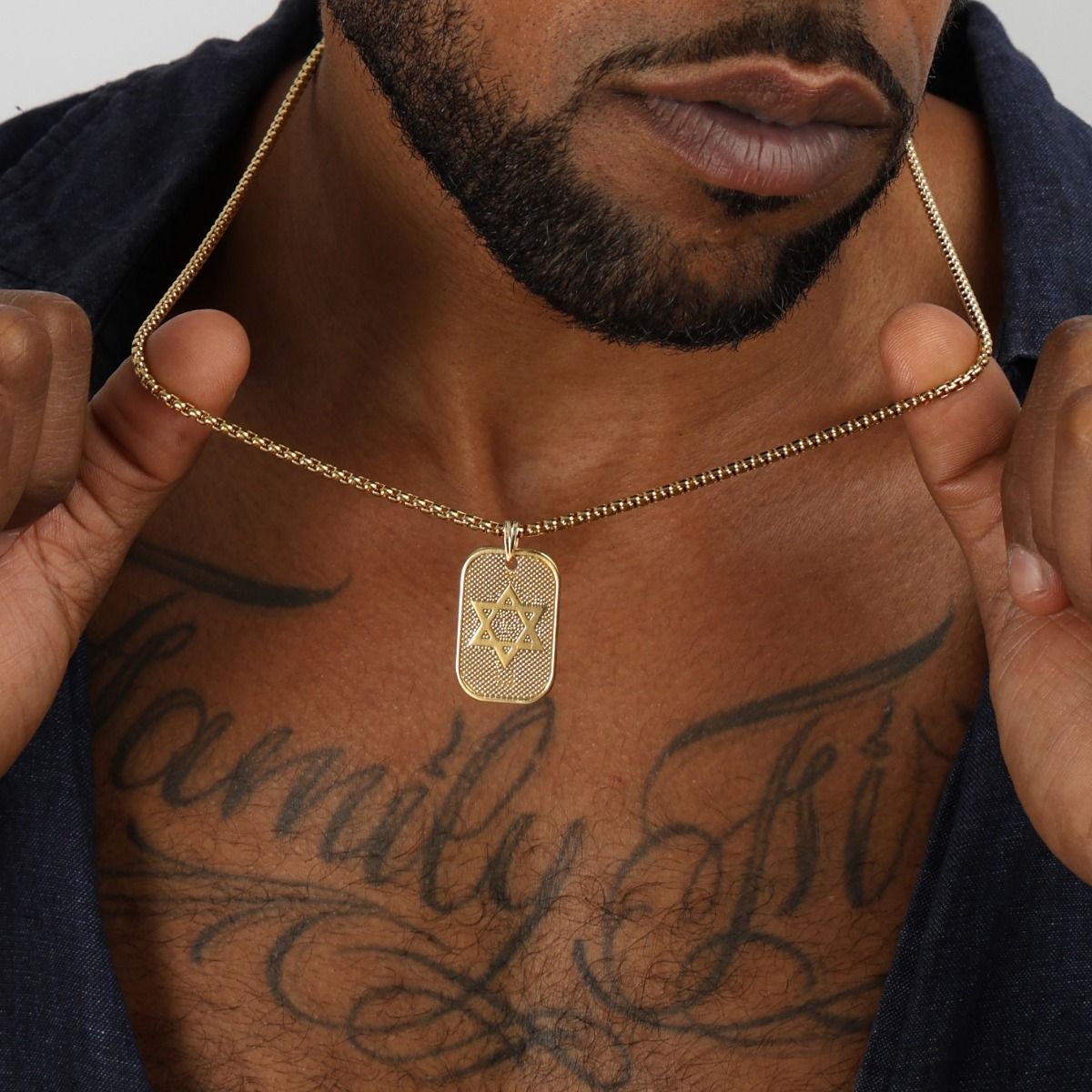 Star of David Tag Engraved Necklace For Men - 18K Gold Plated