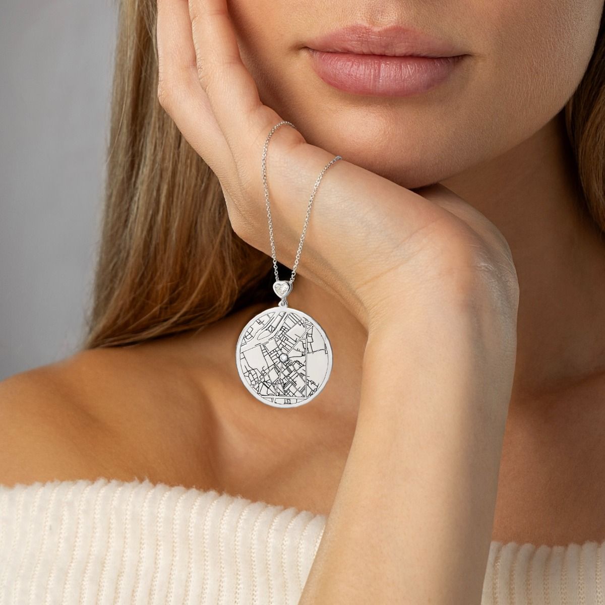 Talisa Map Engraved Necklace with Heart Diamond [Sterling Silver]