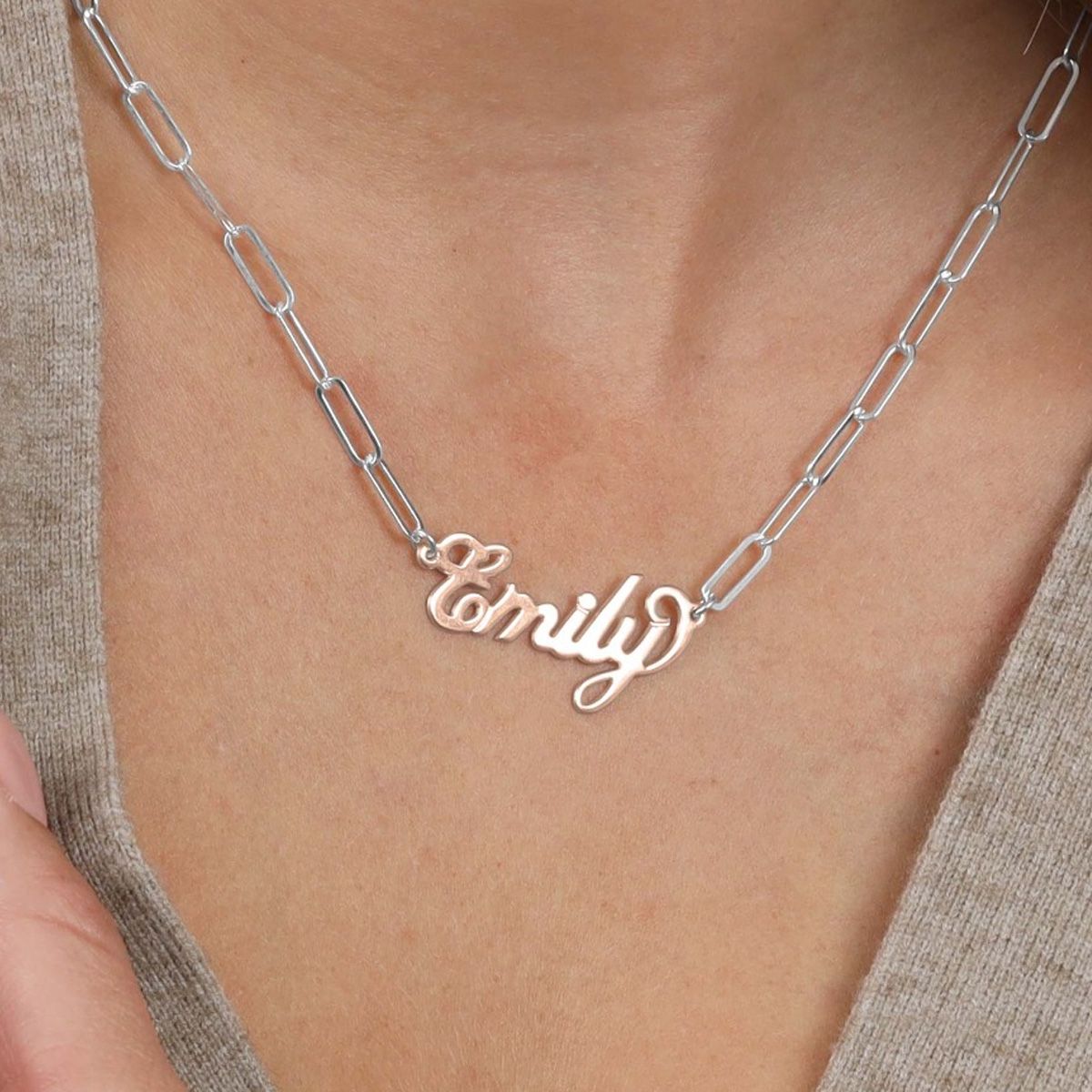 Paperclip Style Glam Name Necklace [Sterling Silver / 18K Rose Gold Plated Pendant]