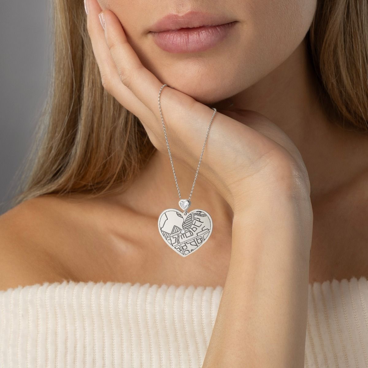 Ties of Heart Engraved Map Necklace with Heart Diamond