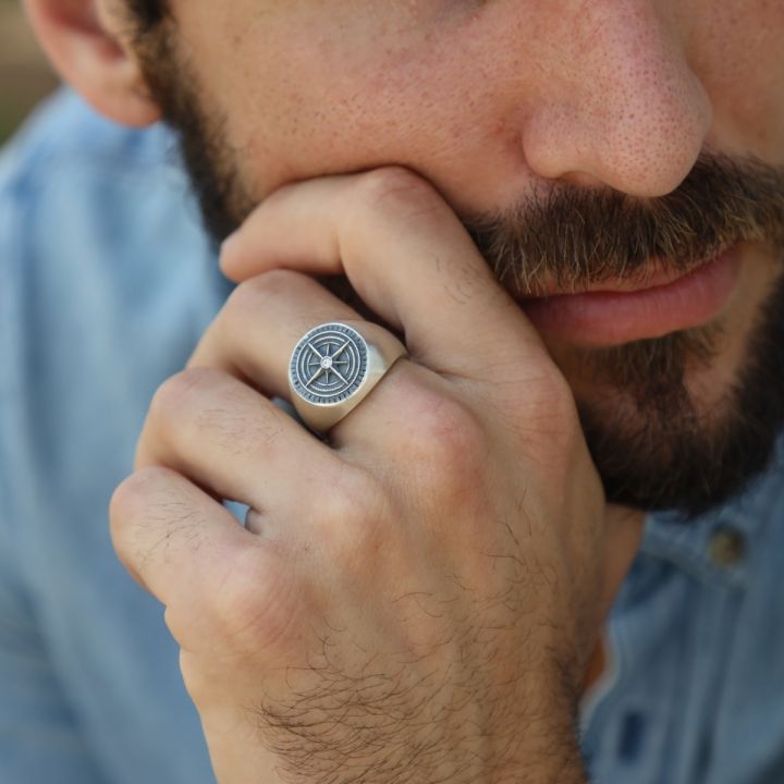 Personalized 925 Silver Compass Ring, Enameled Men Ring, Engraved World Map Design Ring, Oxidized Silver Men Jewelry, Gift for Boyfriend