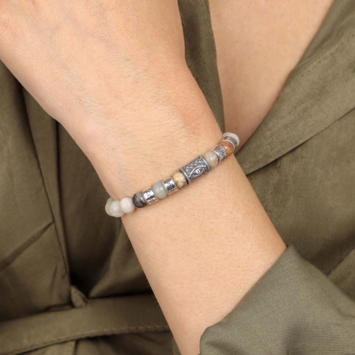Bracelet Amazonite Prénom avec Œil du Mal pour Femme - Diamant [Argent 925]