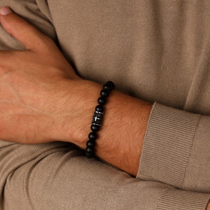 Men's Natural Stone Bracelet with Black Onyx Gemstone Cross