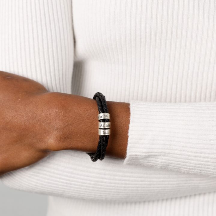 Zwart Leren Armband met Gegraveerde Zilveren Kralen - Talisa