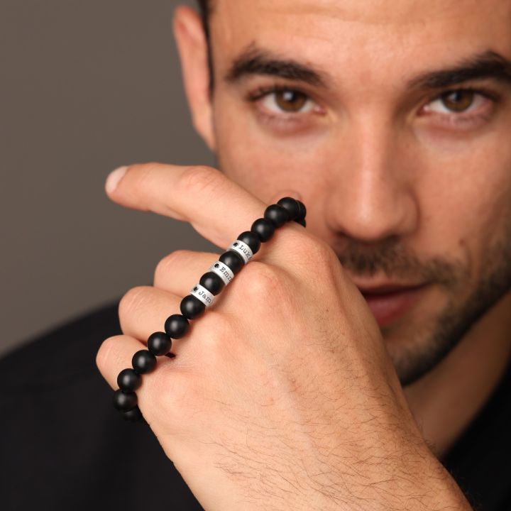 Namensarmband für Herren aus schwarzem Onyx mit Diamanten 