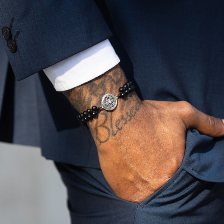 Black Onyx Silhouette Map Men Bracelet [Sterling Silver]