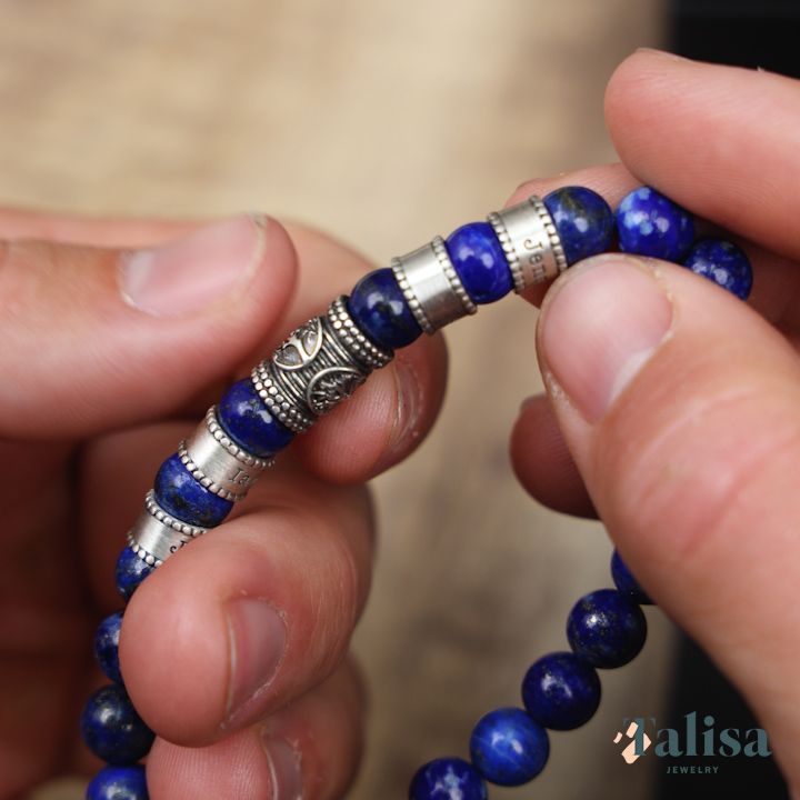 Lapis Lazuli Beaded Bracelet for Men (family tree charm) - Beaded