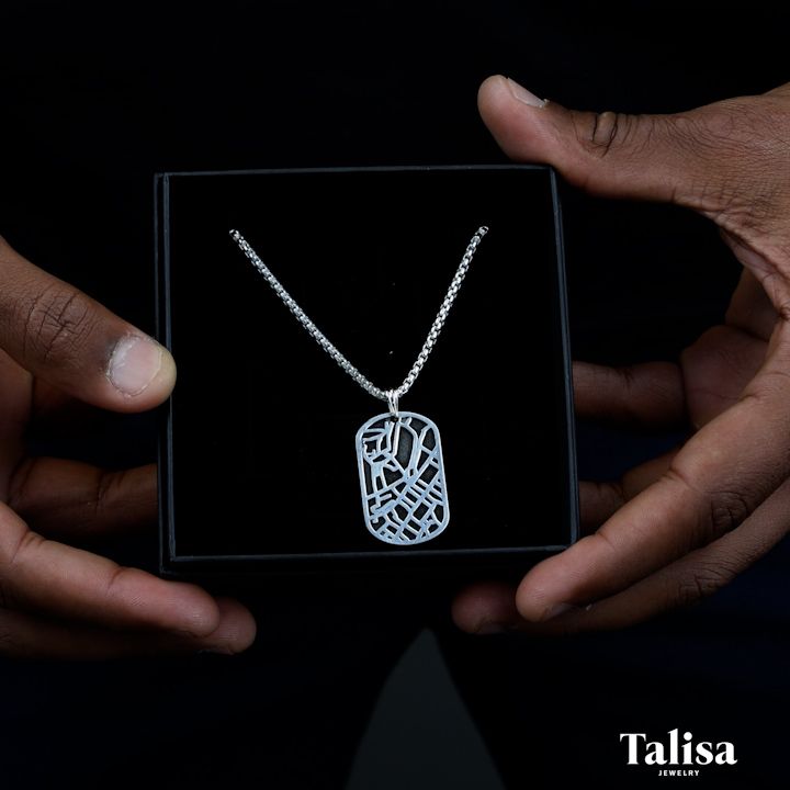 Map Tag Necklace for Men in Silver - Box Chain For Men by Talisa