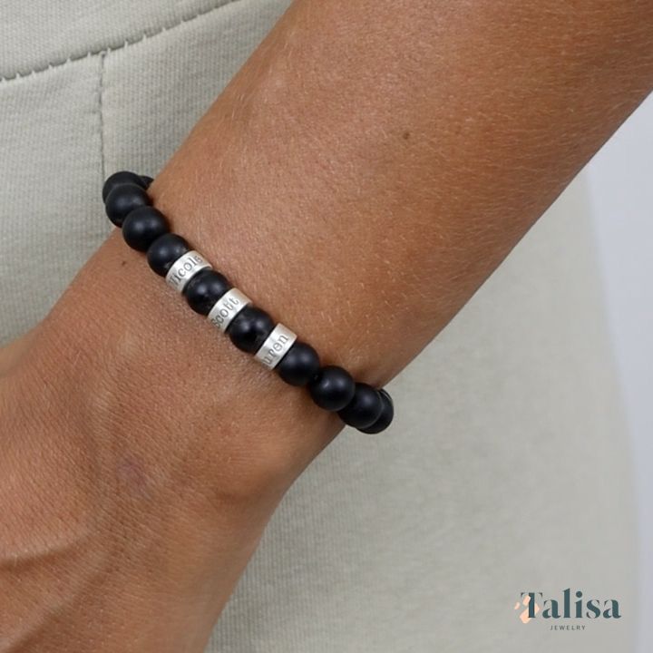 Black Onyx Bracelet - Custom Engraved Bracelets (Silver) - Talisa