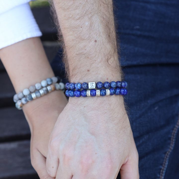 B-897 Sterling Silver Natural Lapis lazuli Leather New Wristband Men Bracelet