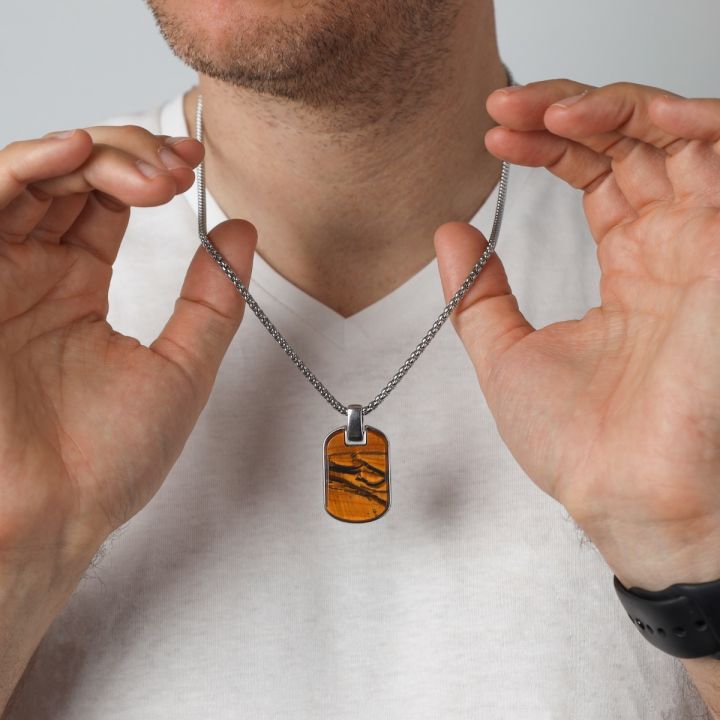 Clear Mark Tiger Eye Men's Dog Tag Necklace