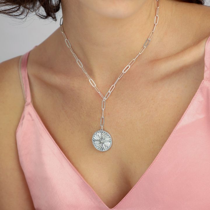 Compass Medallion Necklace with Coordinates [Sterling Silver]