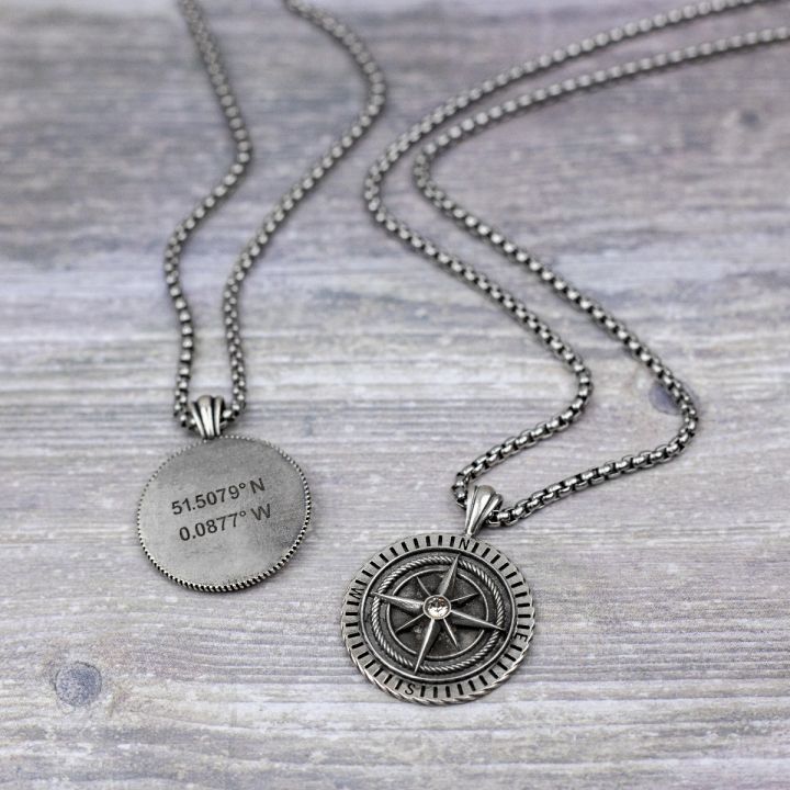 Compass Necklace with Coordinates - Sterling Silver