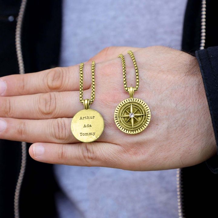 Engraved Compass Necklace - Gold Vermeil - Oak & Luna