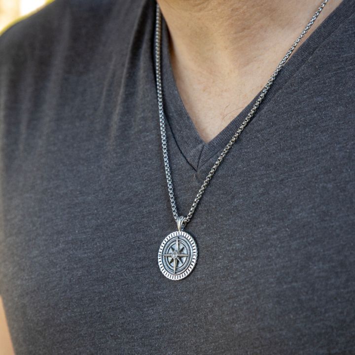 Teen Boy or Mens compass necklace in antique silver pewter on a 22 stainless steel curb chain Gift for Teen. Compass necklace 