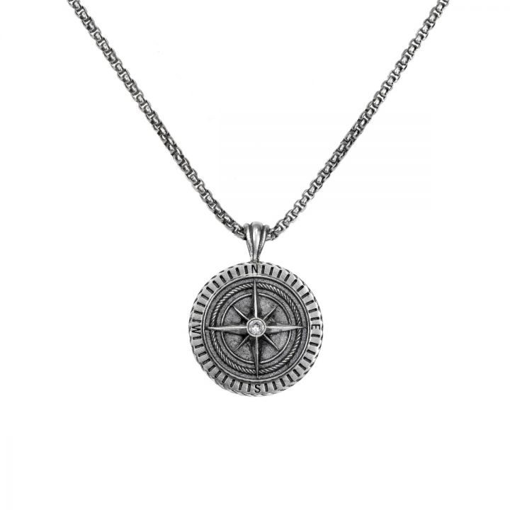 Family Compass Men Engraved Necklace - Sterling Silver