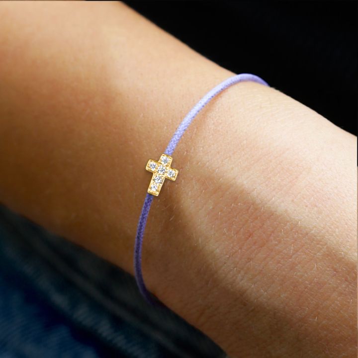 Crystal Cross Bracelet - Purple Cord [18K Gold Plated]
