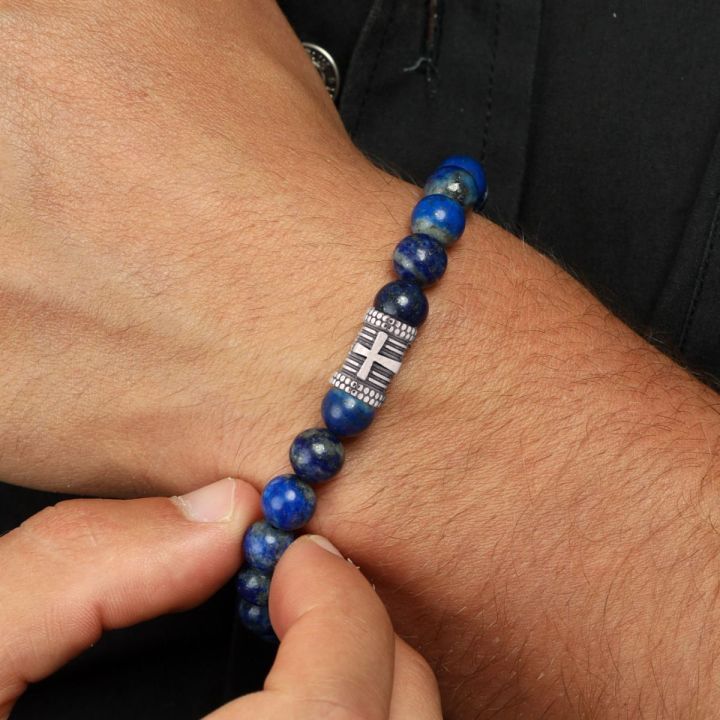 Bracelet Lapis Lazuli avec Croix pour Homme