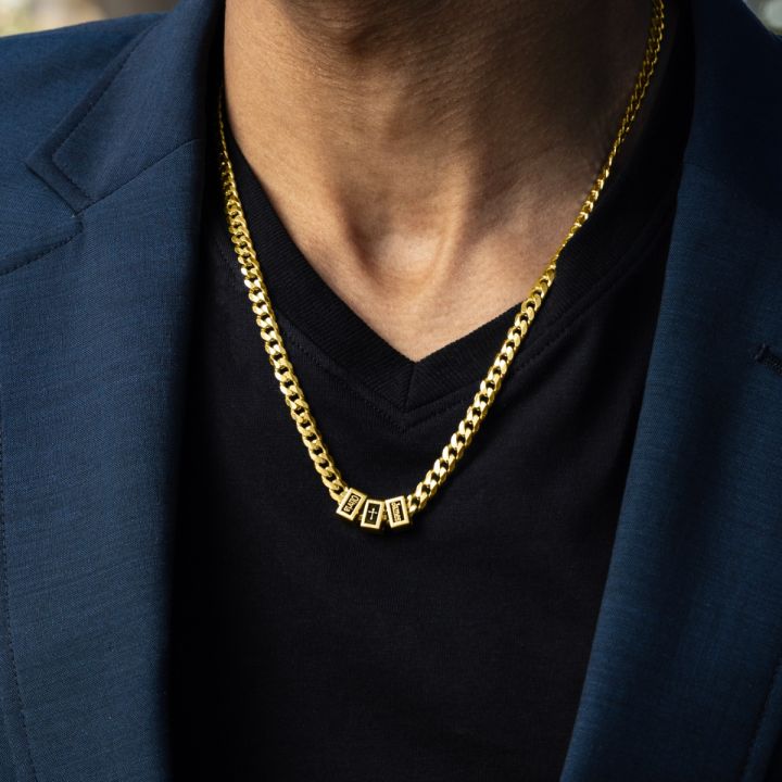 Kubanische Panzerkette mit Namen und Kreuz Charm - 5mm [750er Gold Vermeil]