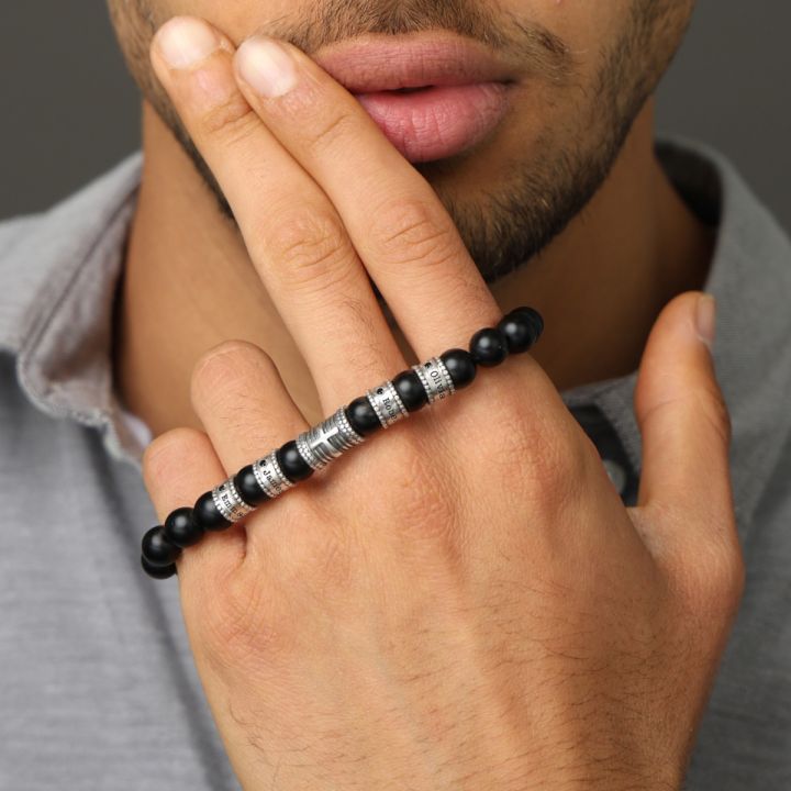 Herren Namensarmband mit Kreuz und Diamanten - schwarzer Onyx [Sterlingsilber]