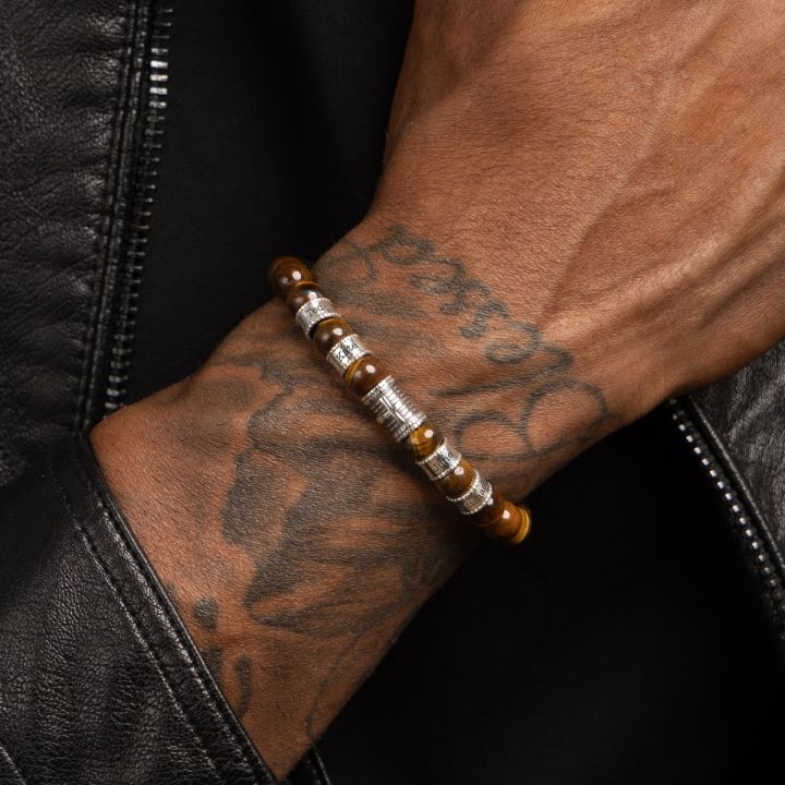 Cross Men Name Bracelet with Brown Tiger Eye Stones