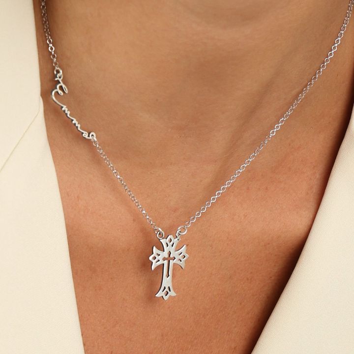 Cross Signature Name Necklace [Sterling Silver]