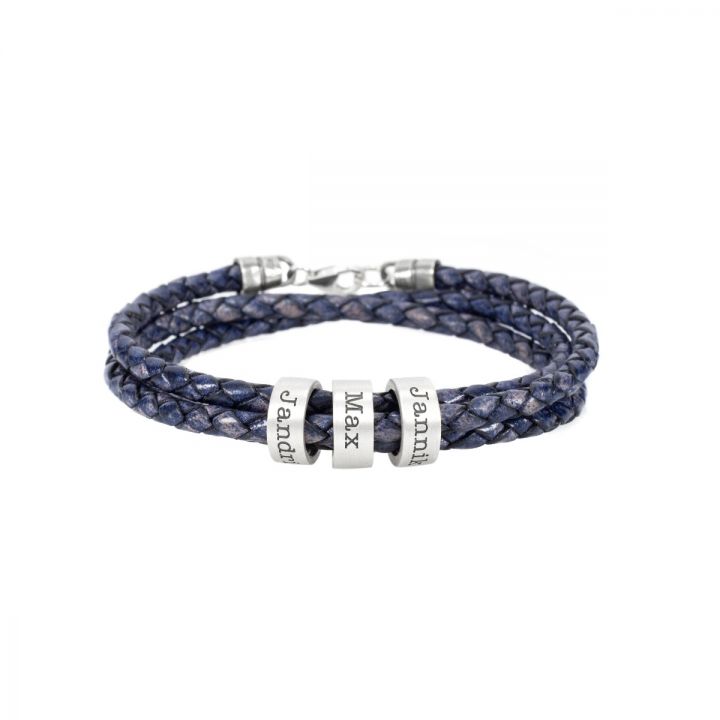 Men Dark Blue Jeans Bracelet with Engraved Spheres in Silver