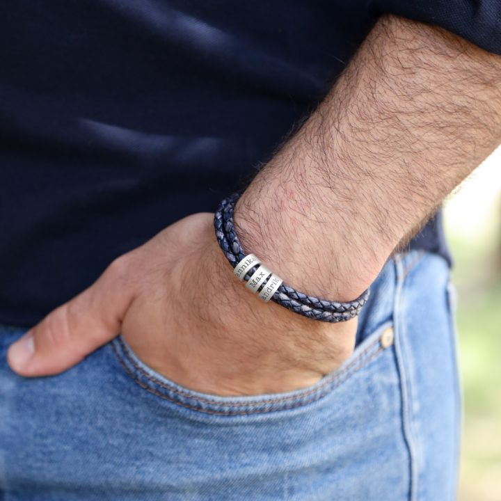 Men Dark Blue Jeans Bracelet with Engraved Spheres in Silver