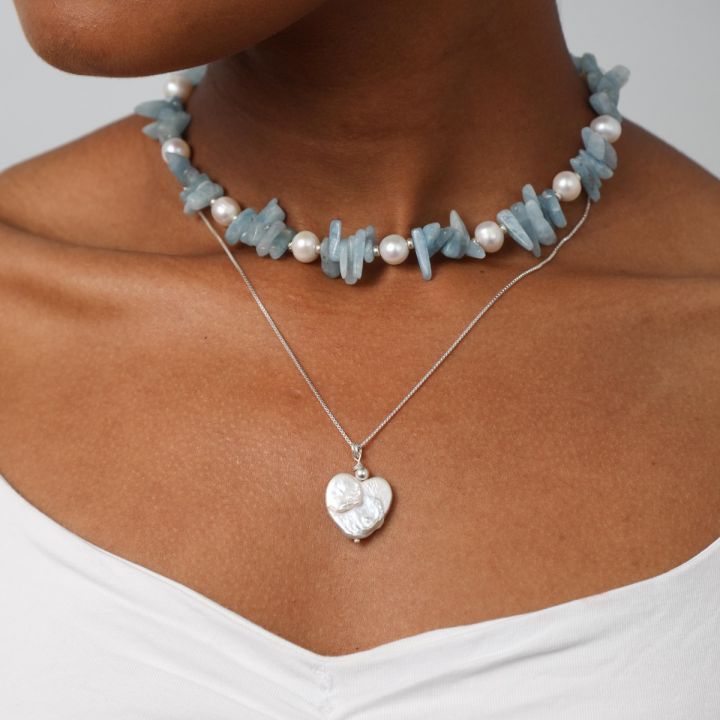 Briolette Cut Aquamarine Drop Cultured Pearl Necklace - S & K Ltd.