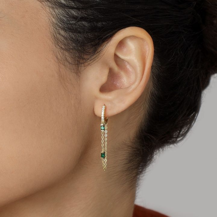 Crystal Hoop Earring with Emerald Stones - Delicate Chain Earrings in Gold Vermeil 