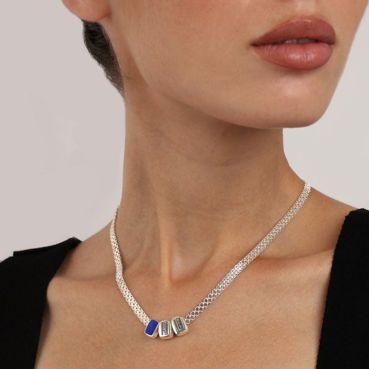 Emily Milanese Name Necklace with Blue Charm [Sterling Silver]