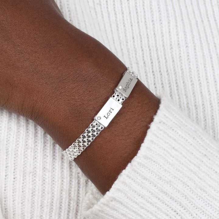 Herringbone Name Bracelet with Diamond Birthday Gift Ideas