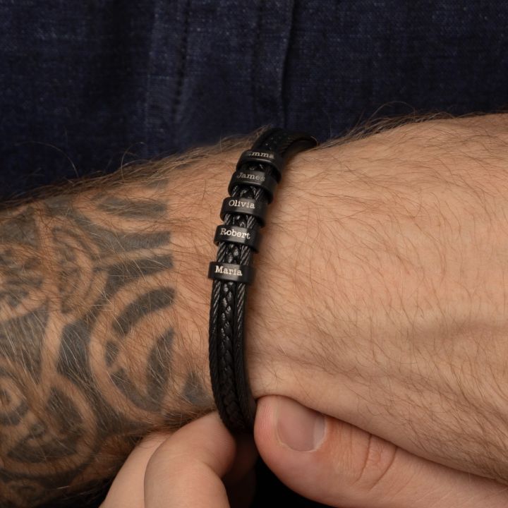 Bracelet Tressé Gravé pour Homme - Cuir Noir