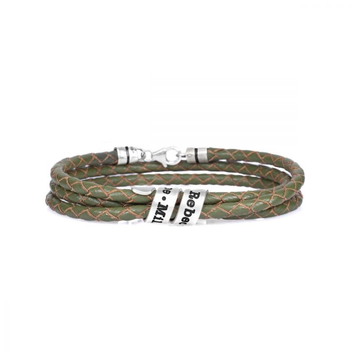 Men Olive Green Bracelet with Engraved Wrap Sphere in Silver