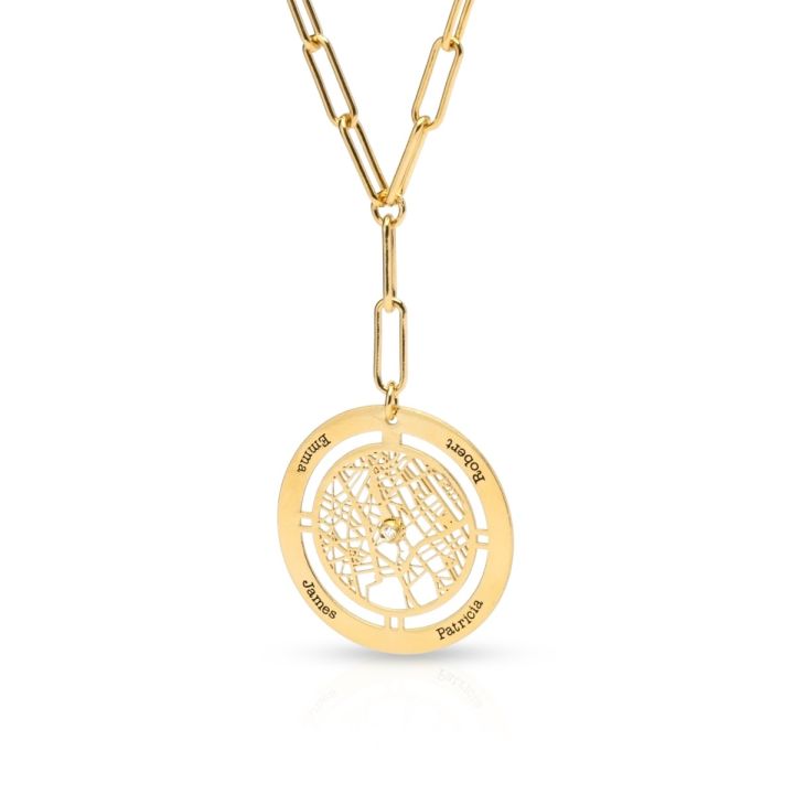 Family Circle Map Name Necklace - Styled Link Chain [18K Gold Plated]