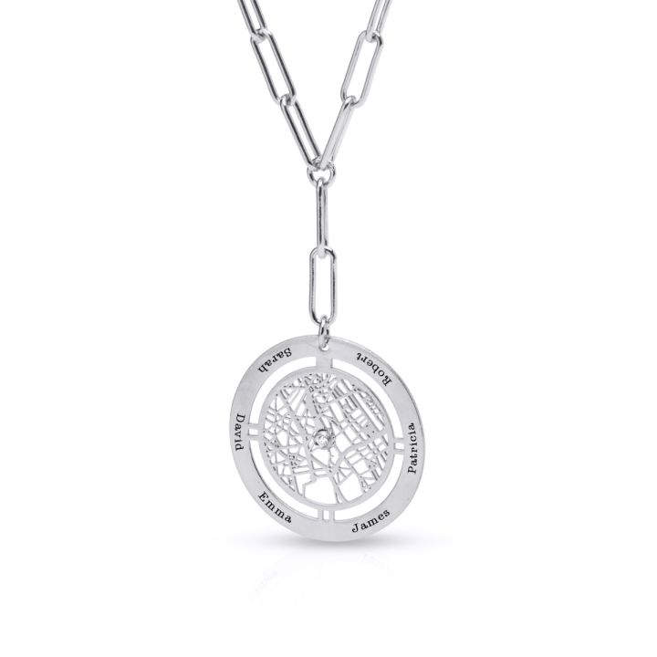 Big Family Circle Map Name Necklace - Styled Link Chain [Sterling Silver]