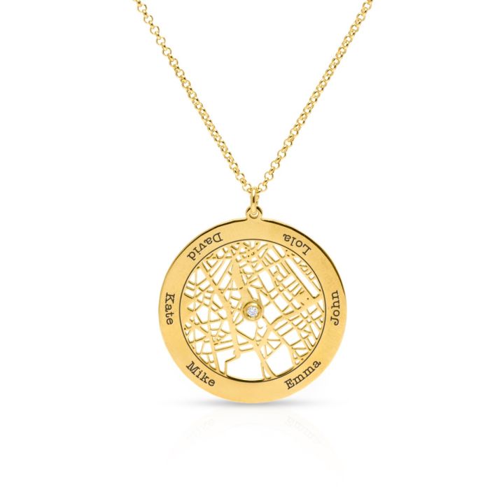 Big Family Circle Map Necklace with Names [14 Karat Gold]