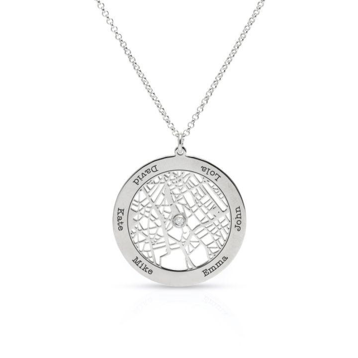 Big Family Circle Map Name Necklace [14 Karat White Gold]