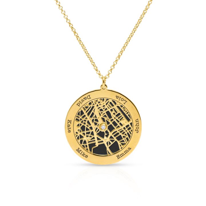 Big Family Circle Silhouette Map Necklace with Names [18K Gold Vermeil]