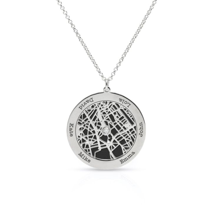 Big Family Circle Silhouette Map Necklace with Names [14 Karat White Gold]
