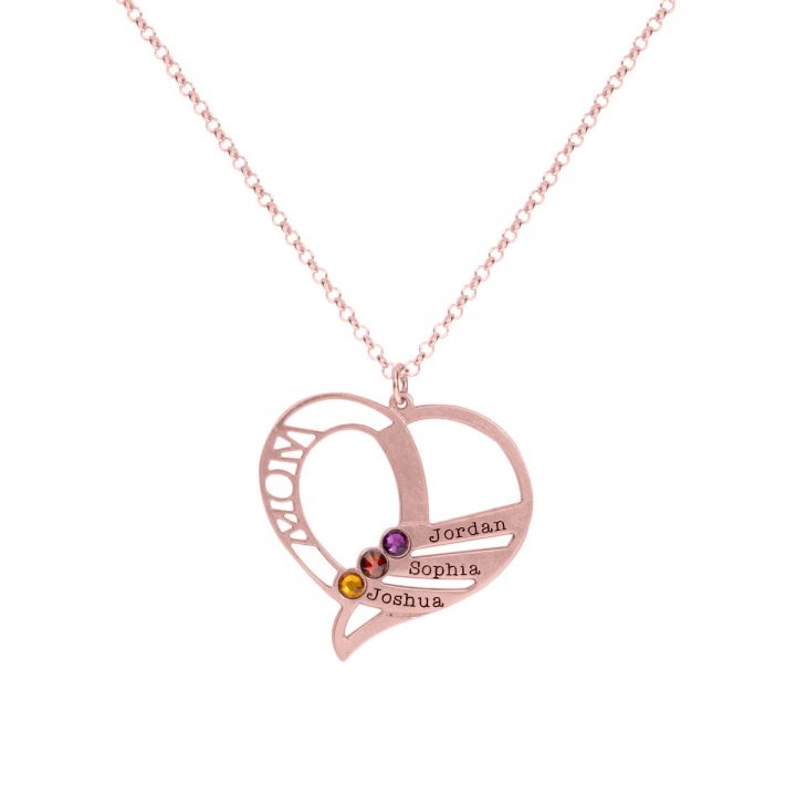 Family Heart Name and Birthstone Necklace [18K Rose Gold Plated]